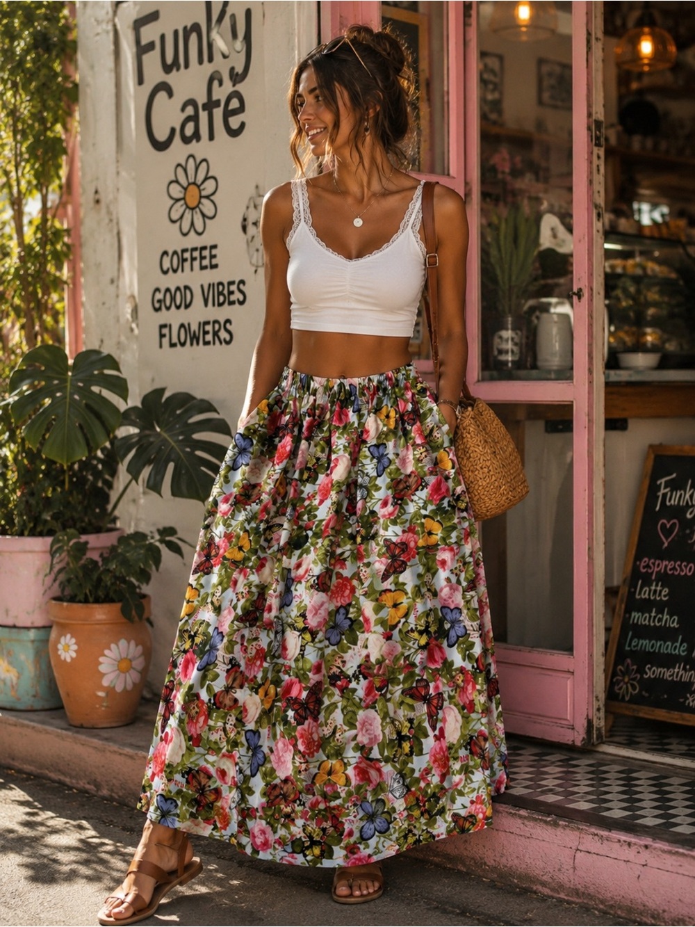 Butterfly Rose Floral Cottagecore Skirt Elastic Waist M/L Fairy Garden Whimsical